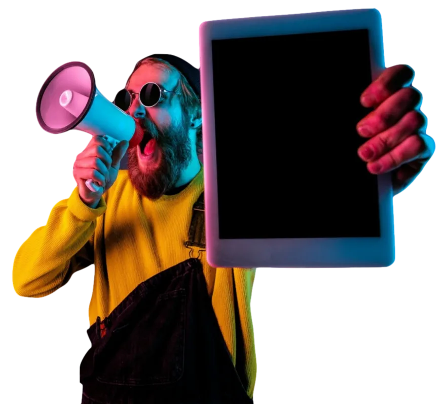 Man shouting into a megaphone while holding up a tablet